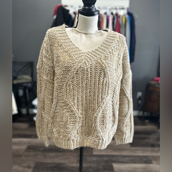 POL Anthropologie Chunky Knit Open Back Bow Sweater BOHO Medium Oversized Beige - Picture 2 of 5